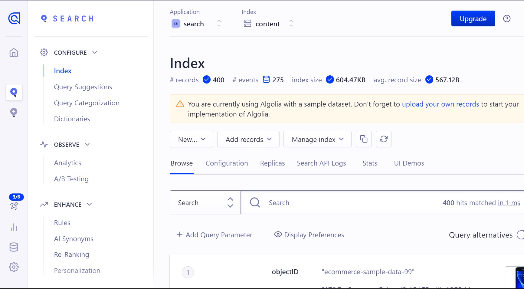 Algolia&rsquo;s Dashboard